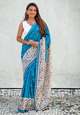 Turquoise Floral Print Silk Saree Set