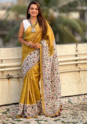 Mustard Floral Print Silk Saree Set