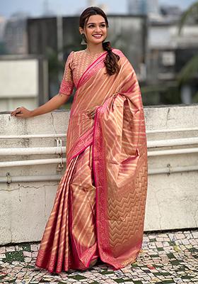Pink Zari Woven Tissue Saree Set