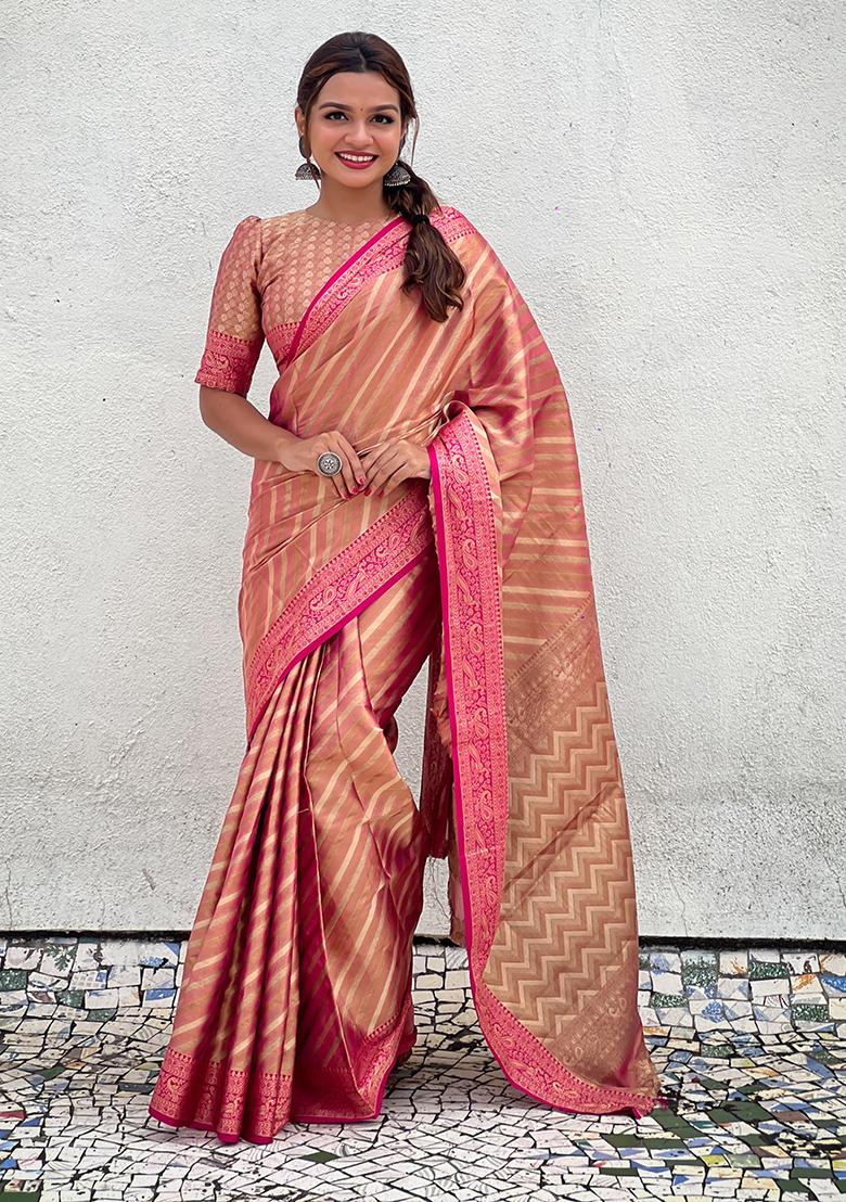 Pink Zari Woven Tissue Saree Set