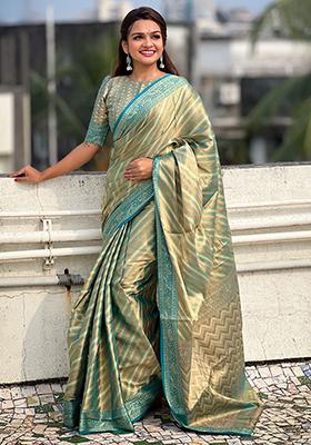Blue Zari Woven Tissue Saree Set