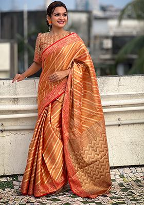 Orange Zari Woven Tissue Saree Set