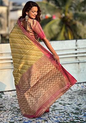 Yellow Zari Woven Tissue Saree Set