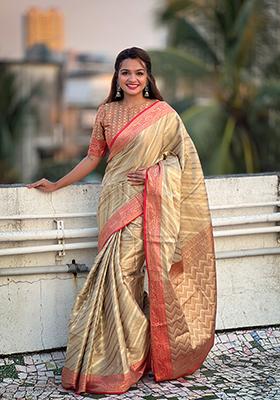 Grey Zari Woven Tissue Saree Set