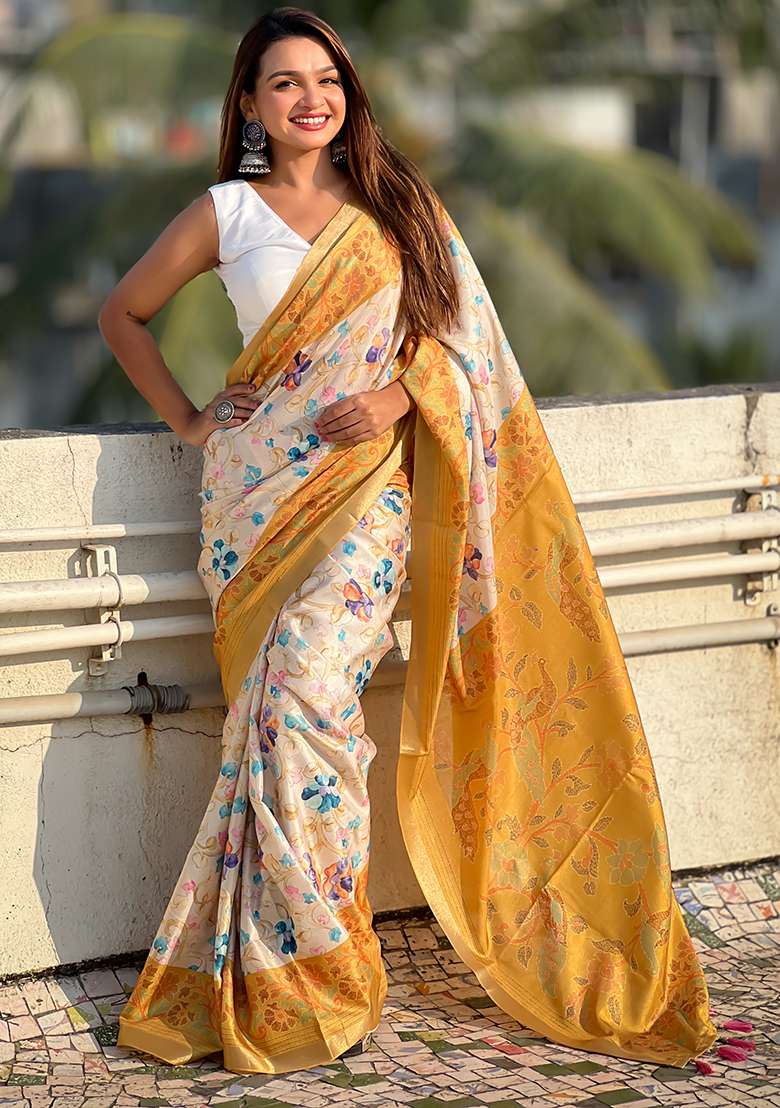 Mustard Zari Woven Tussar Silk Saree Set - Indya