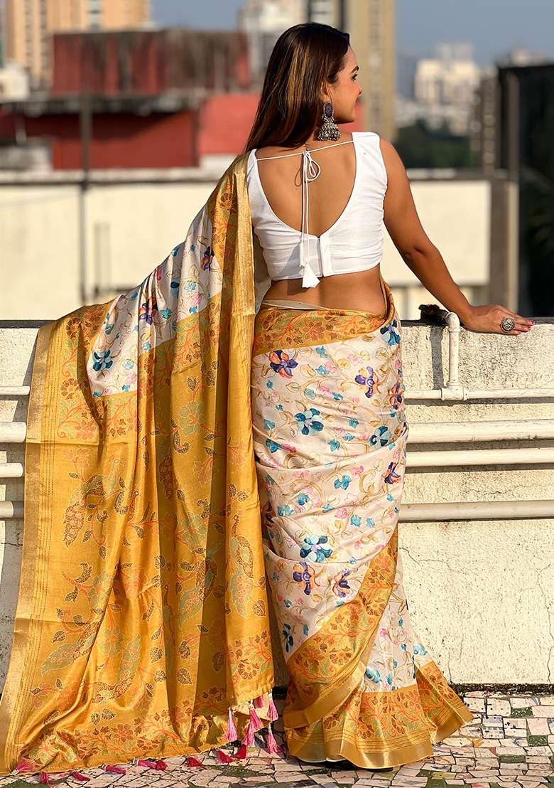 Mustard Zari Woven Tussar Silk Saree Set - Indya