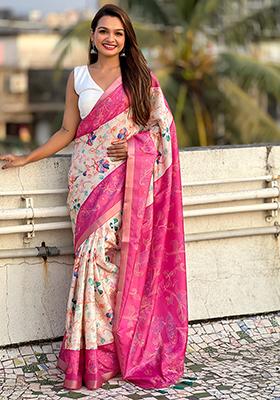 Pink Zari Woven Tussar Silk Saree Set