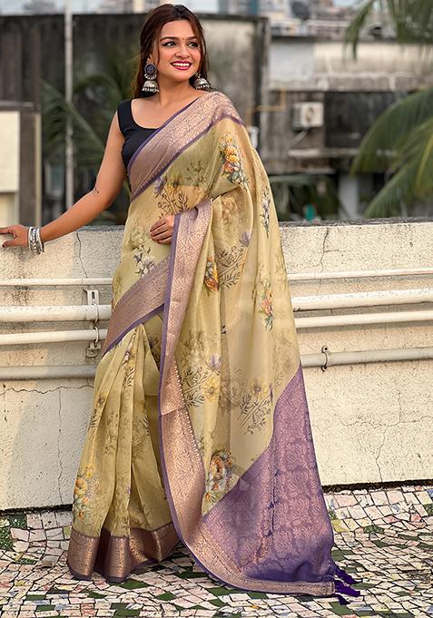 Mustard Zari Woven Tissue Saree Set