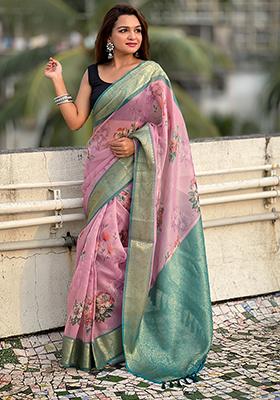Pink Zari Woven Tissue Saree Set
