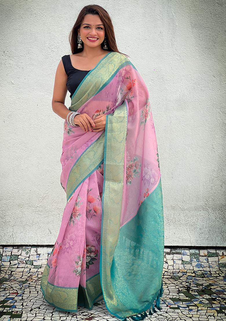 Pink Zari Woven Tissue Saree Set
