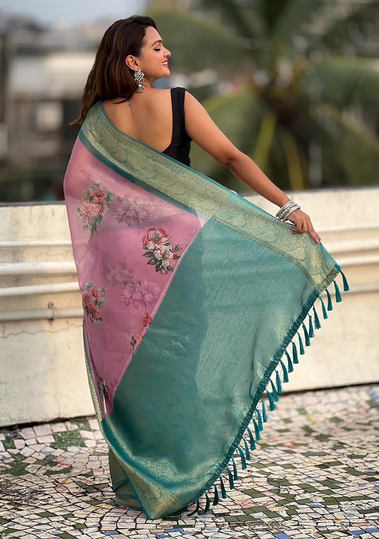 Pink Zari Woven Tissue Saree Set