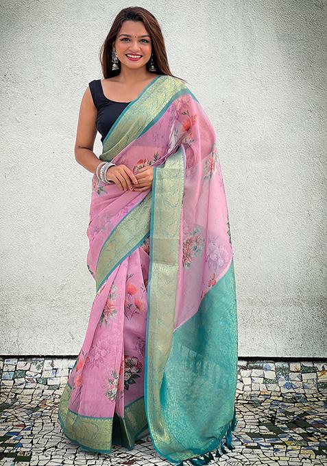 Pink Zari Woven Tissue Saree Set