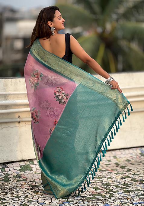 Pink Zari Woven Tissue Saree Set