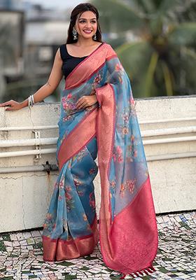 Blue Zari Woven Tissue Saree Set