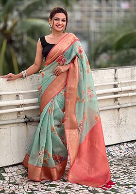 Sea Green Zari Woven Tissue Saree Set