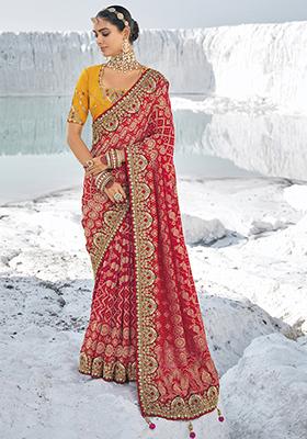 Red Zari Woven Georgette Saree Set