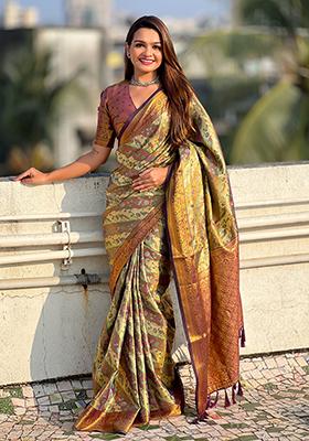 Brown Zari Woven Dharmavaram Silk Saree Set