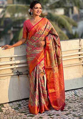Pink Zari Woven Dharmavaram Silk Saree Set