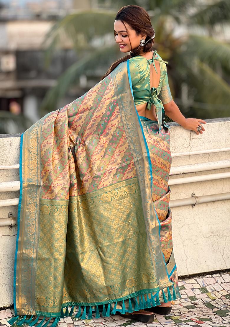 Blue Zari Woven Dharmavaram Silk Saree Set