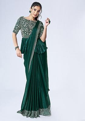 Green Hand Embroidered Shimmer Chiffon Saree Set