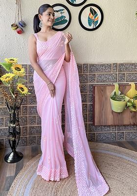 Pink Sequin Embroidered Georgette Saree Set