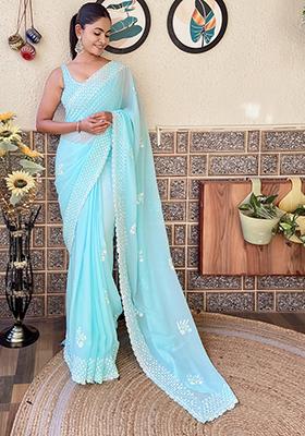 Sky Blue Sequin Embroidered Georgette Saree Set