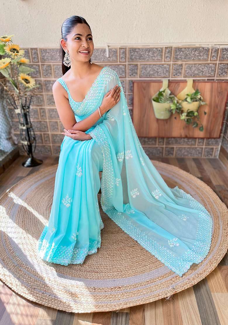 Sky Blue Sequin Embroidered Georgette Saree Set - Indya