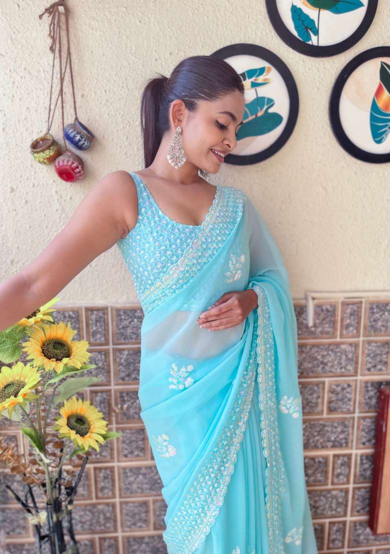 Sky Blue Sequin Embroidered Georgette Saree Set - Indya