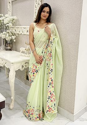 Green Sequin Embroidered Shimmer Silk Saree Set