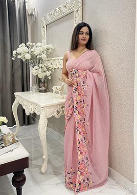 Onion Pink Sequin Embroidered Shimmer Silk Saree Set
