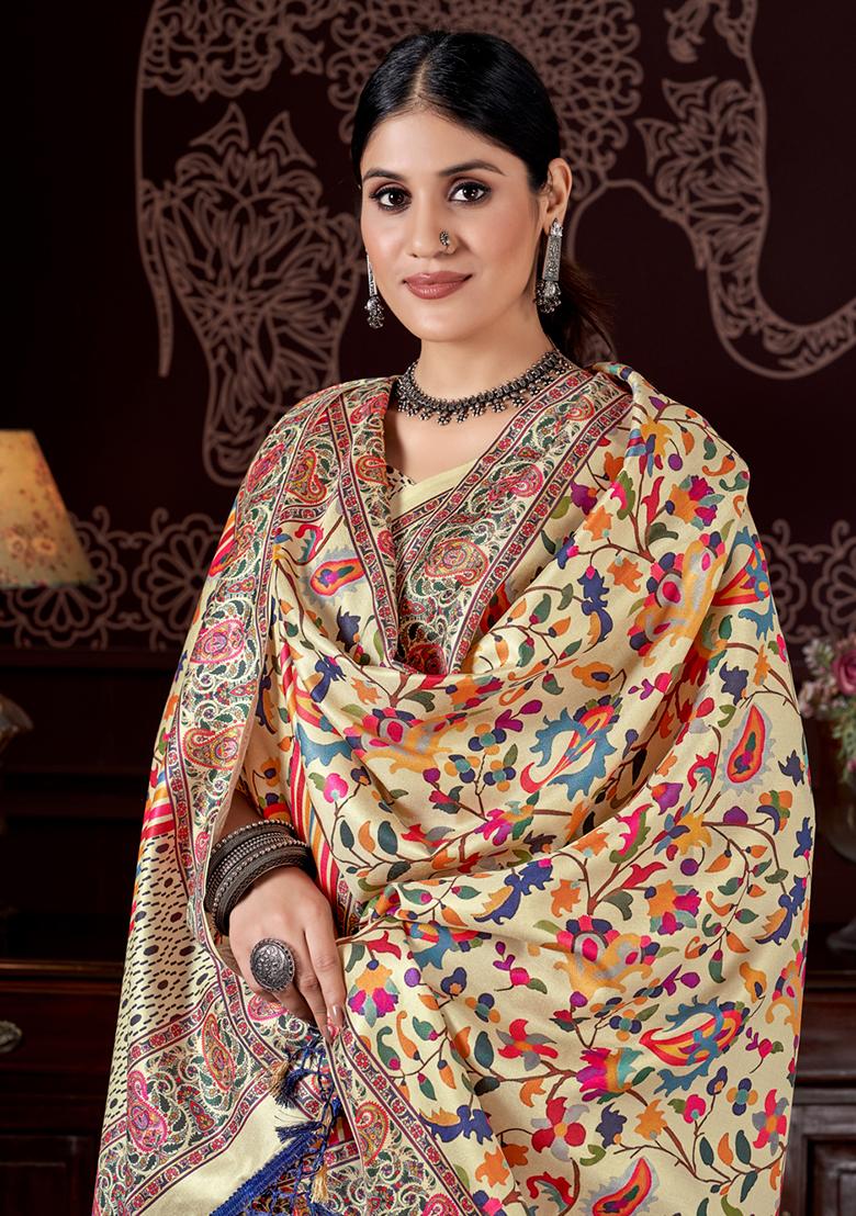 Yellow Digital Print Pashmina Silk Saree Set