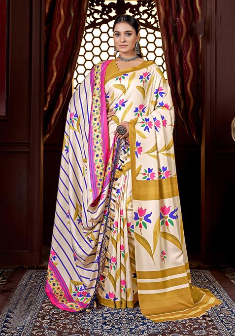 Mustard Digital Print Pashmina Silk Saree Set