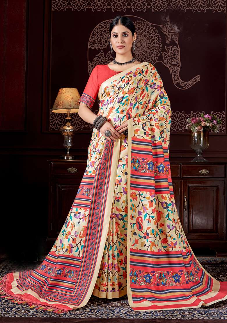 Cream Digital Print Pashmina Silk Saree Set - Indya