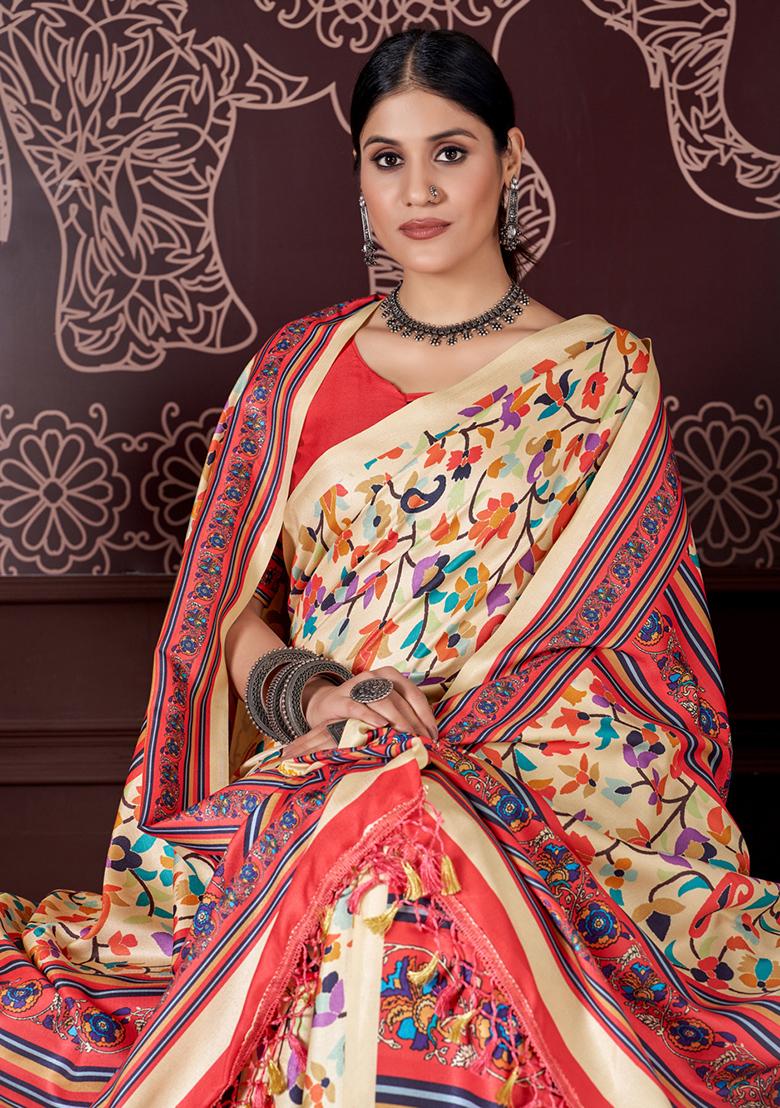 Cream Digital Print Pashmina Silk Saree Set