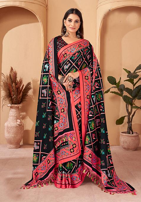 Black Digital Print Pashmina Silk Saree Set