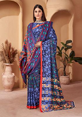 Blue Digital Print Pashmina Silk Saree Set