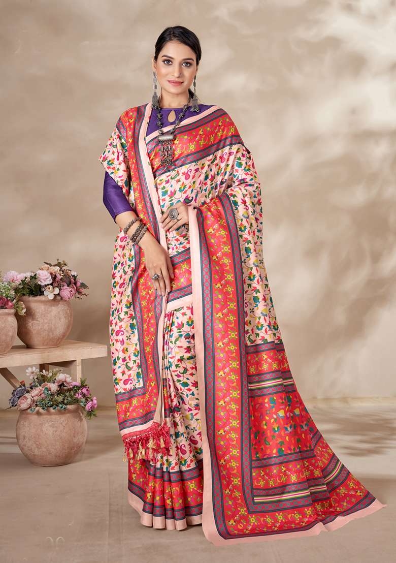 Cream Digital Print Pashmina Silk Saree Set - Indya