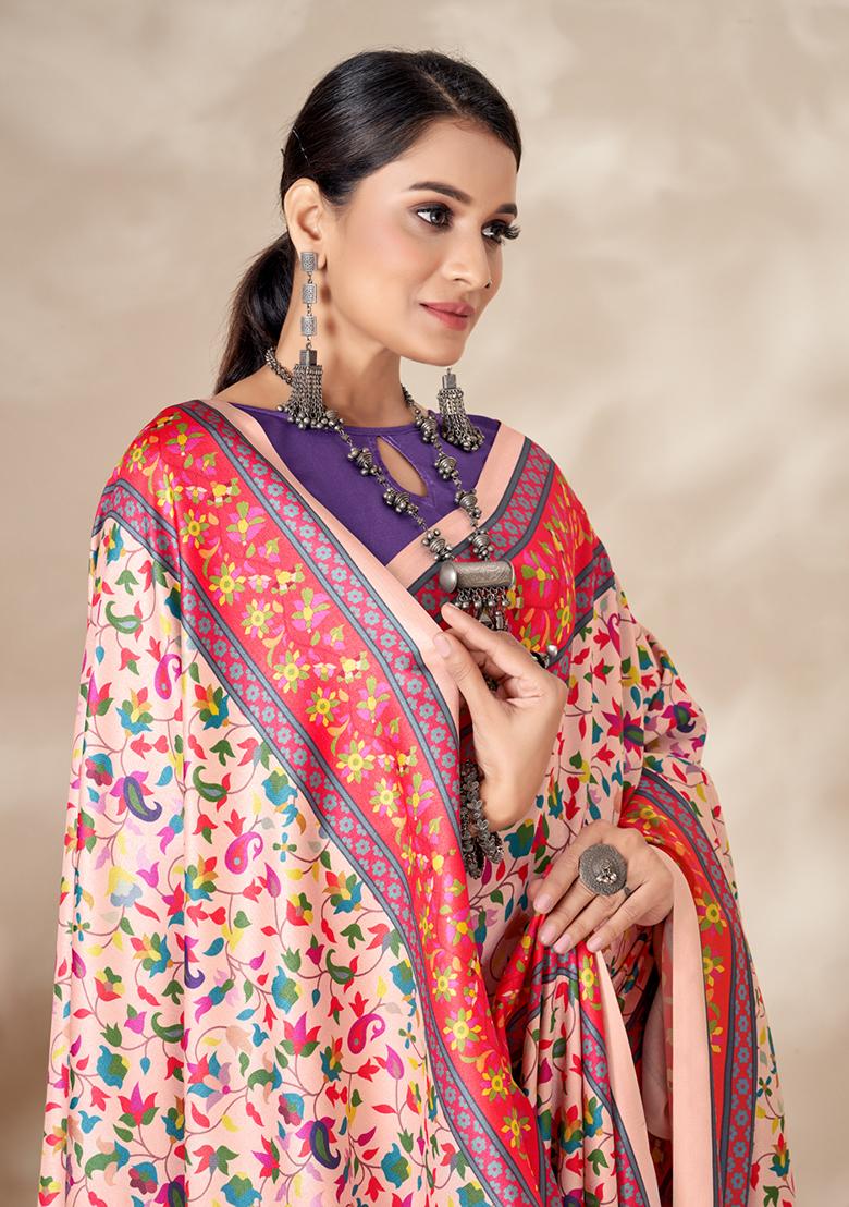 Cream Digital Print Pashmina Silk Saree Set