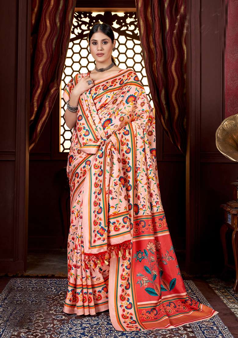 Cream Digital Print Pashmina Silk Saree Set - Indya