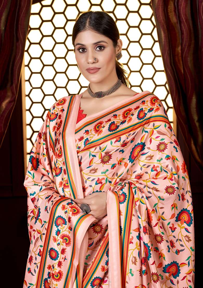Cream Digital Print Pashmina Silk Saree Set - Indya