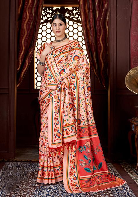 Cream Digital Print Pashmina Silk Saree Set