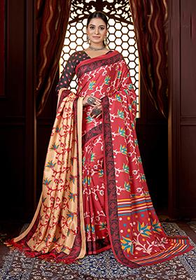 Rust Digital Print Pashmina Silk Saree Set