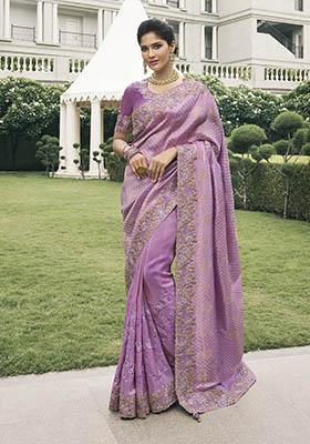 Magenta Zari Woven Viscose Tissue Saree Set