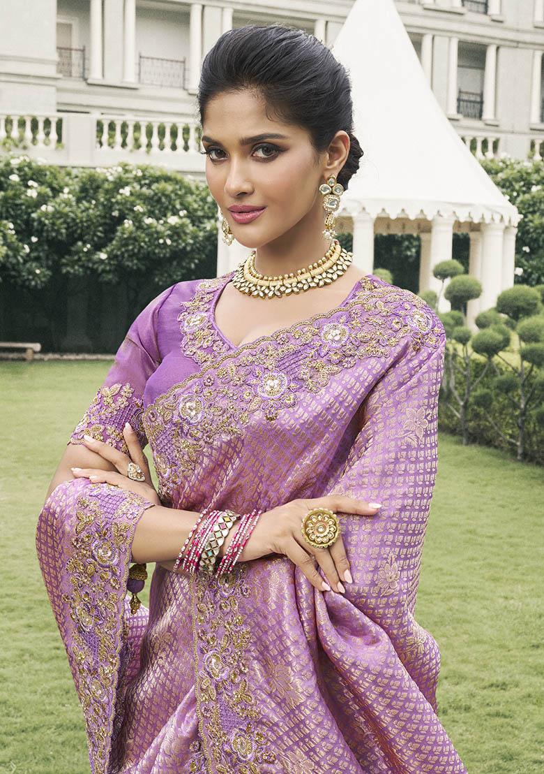 Magenta Zari Woven Viscose Tissue Saree Set