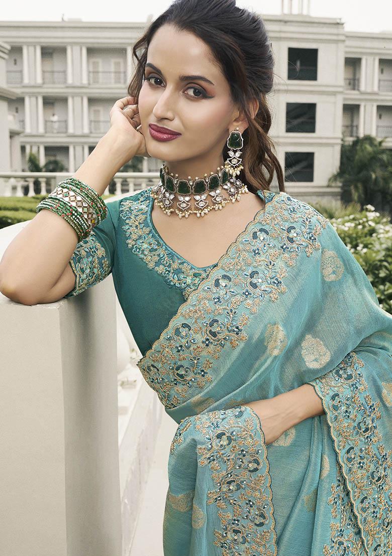 Sky Blue Zari Woven Viscose Tissue Saree Set