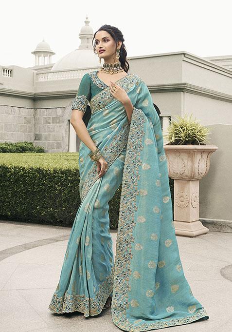 Sky Blue Zari Woven Viscose Tissue Saree Set