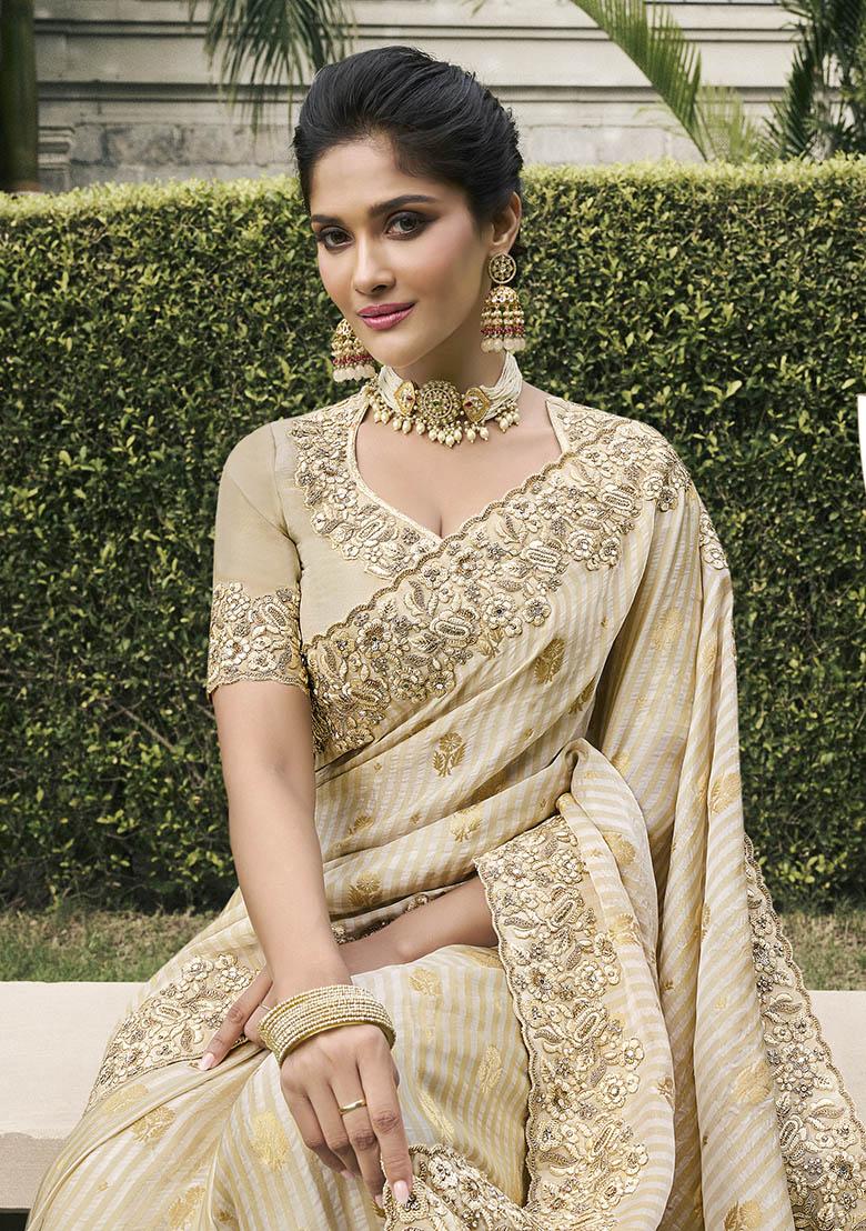 Off White Zari Woven Viscose Tissue Saree Set