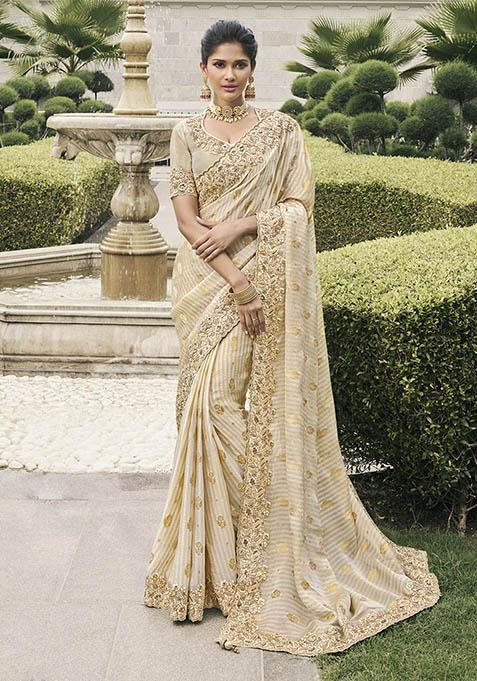 Off White Zari Woven Viscose Tissue Saree Set