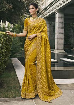 Mustard Zari Woven Viscose Tissue Saree Set