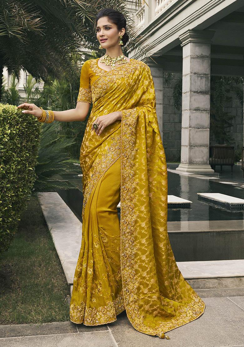 Mustard Zari Woven Viscose Tissue Saree Set